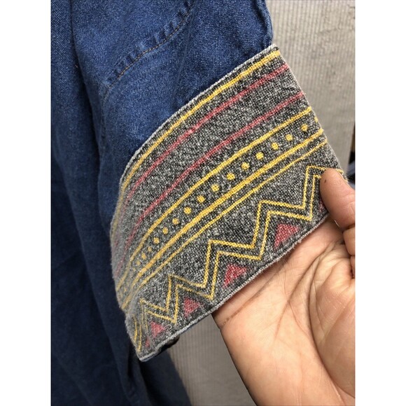 Denim Dress Nefertiti Embellished Ethnic Trim 1/2 Sleeve Midi Length V Neck - Picture 4 of 15